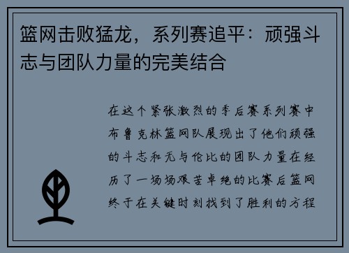 篮网击败猛龙，系列赛追平：顽强斗志与团队力量的完美结合